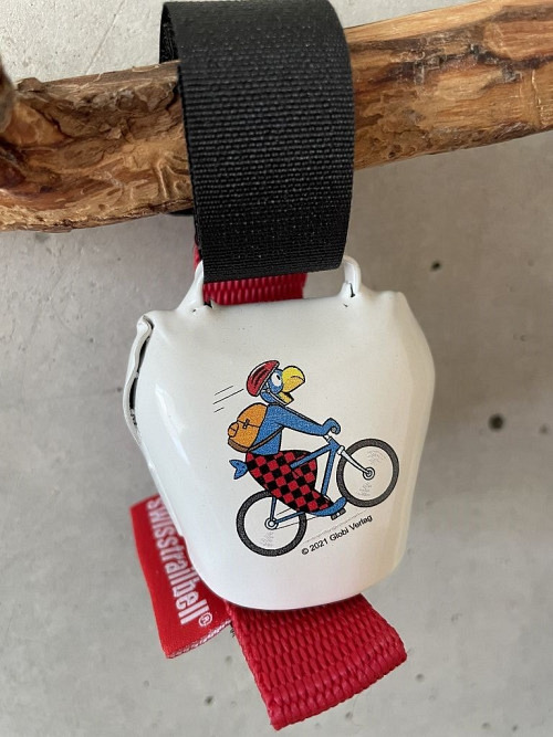 swisstrailbell Bikeglocke weiss Globi auf Mountainbike Band Rot